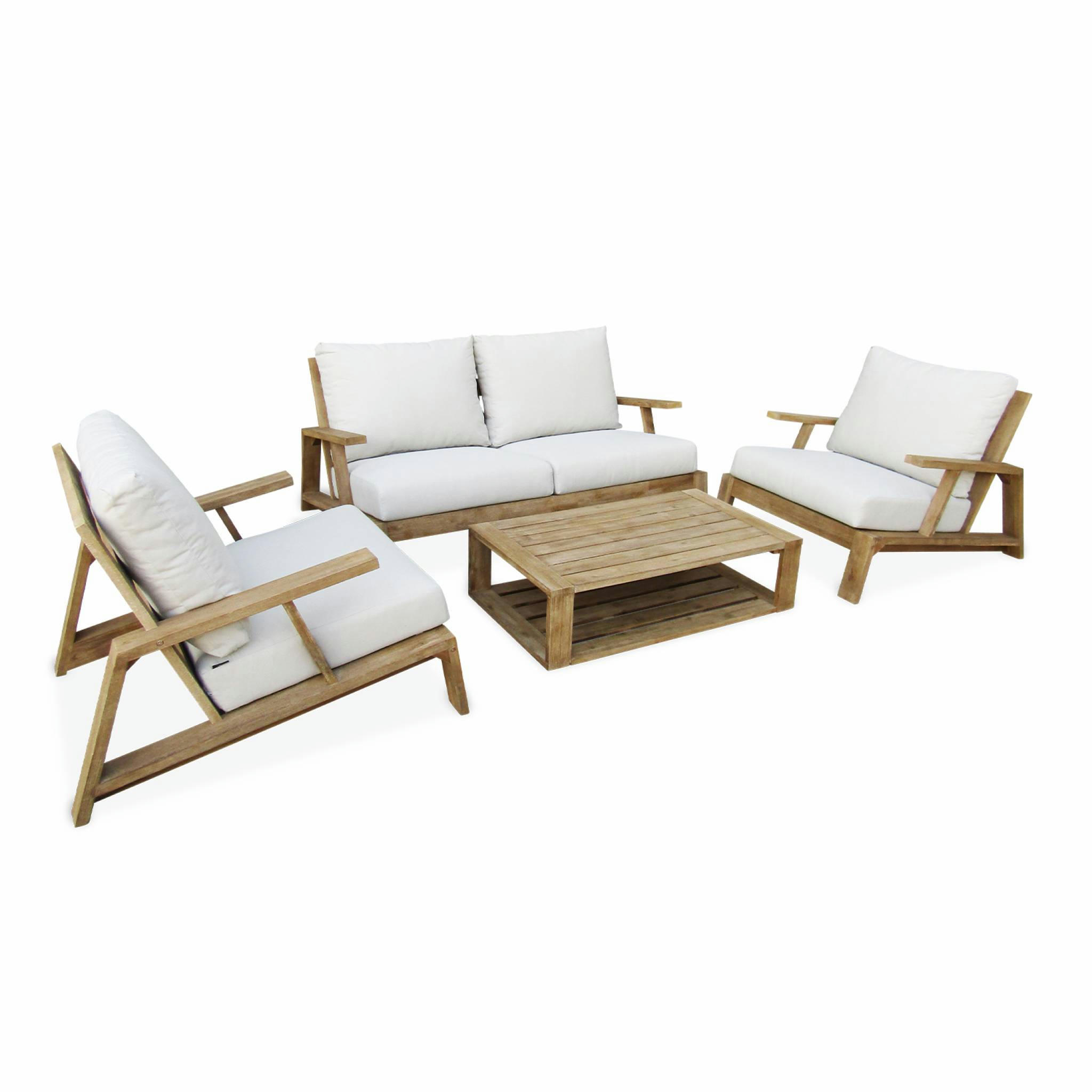 QUITO - Salon de jardin en bois et coussins beiges, 4 places