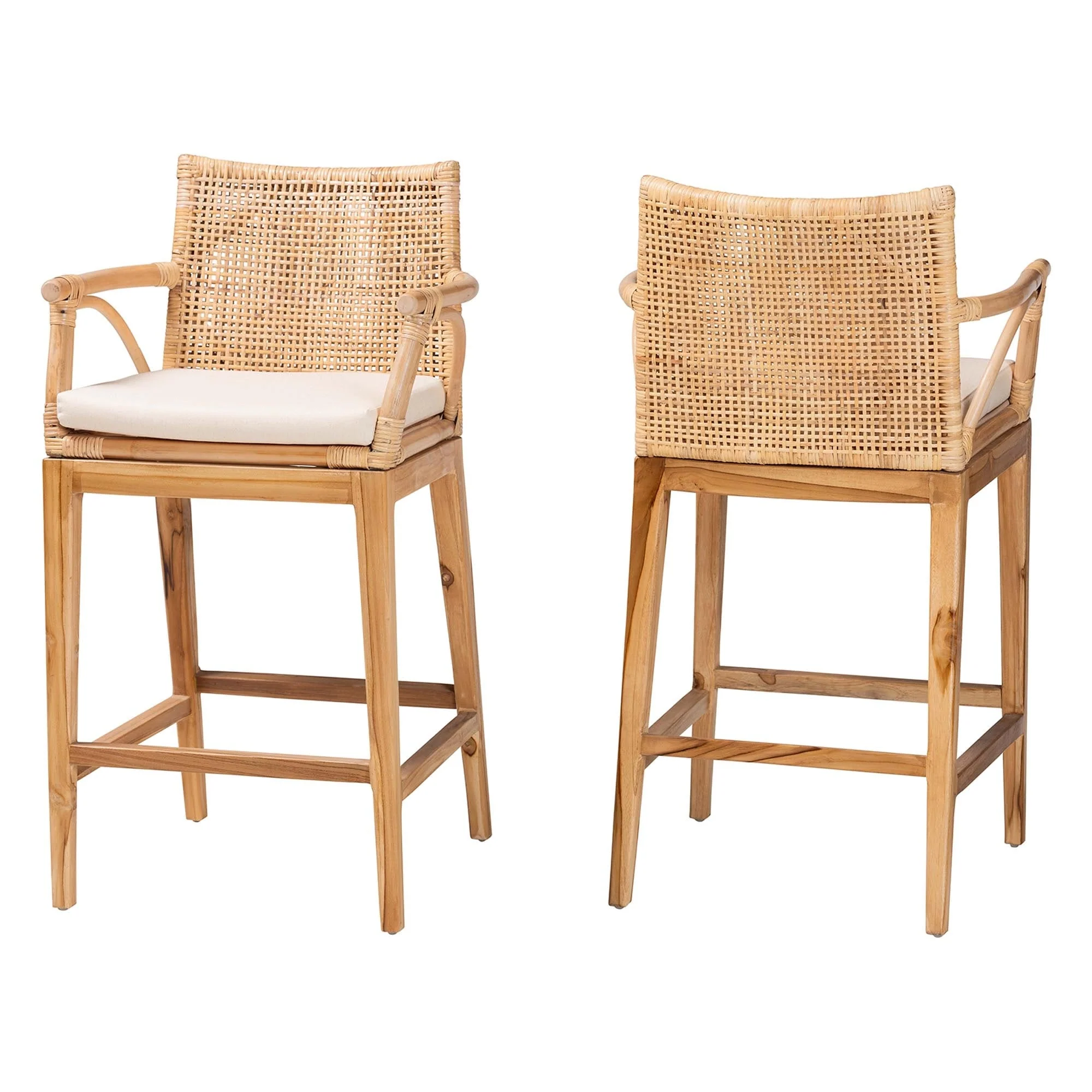 Storsel Bohemian Natural Rattan and Teak Wood 2-Piece Counter Stool Set