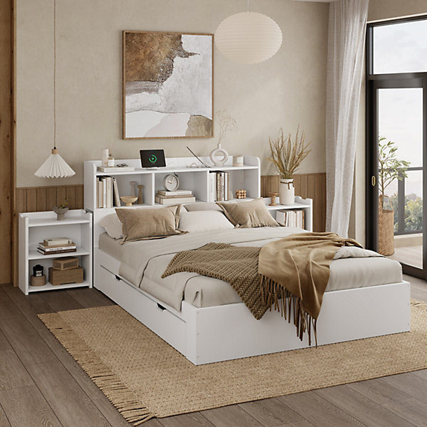 Lit double 140x200 cm en bois avec sommier tête de lit tiroirs tables de chevet chargeur sans fil et port Type C blanc