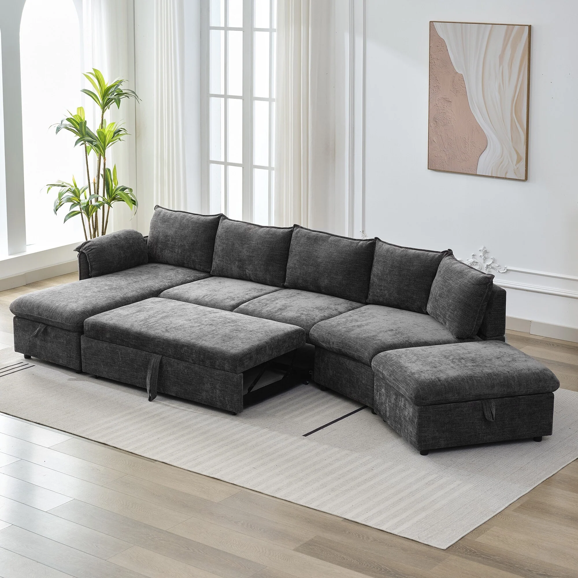 Modern Curved Sectional Sofa with Pull Out Bed and Storage Chaise and USB Ports for Small Living Rooms or Guest Spaces