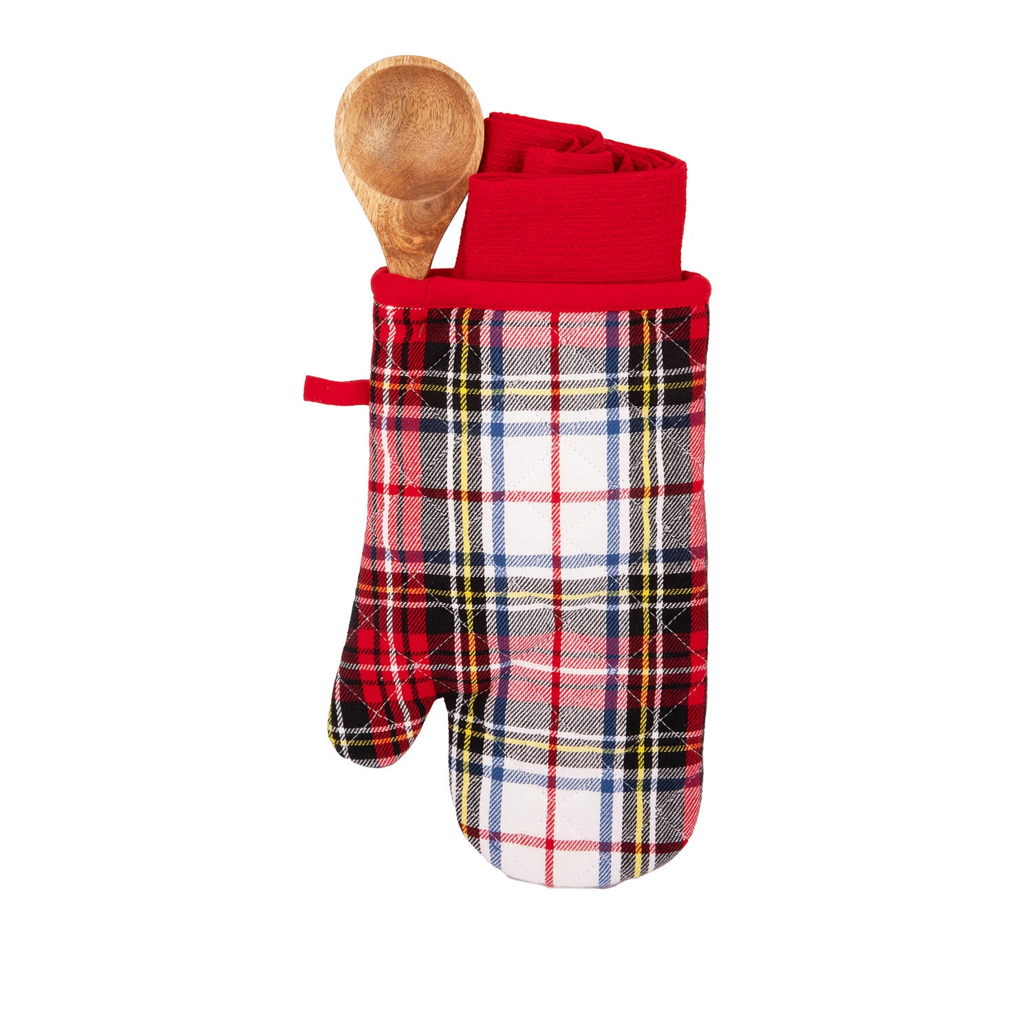 Set guanto, cucchiaio e strofinaccio tartan bianco