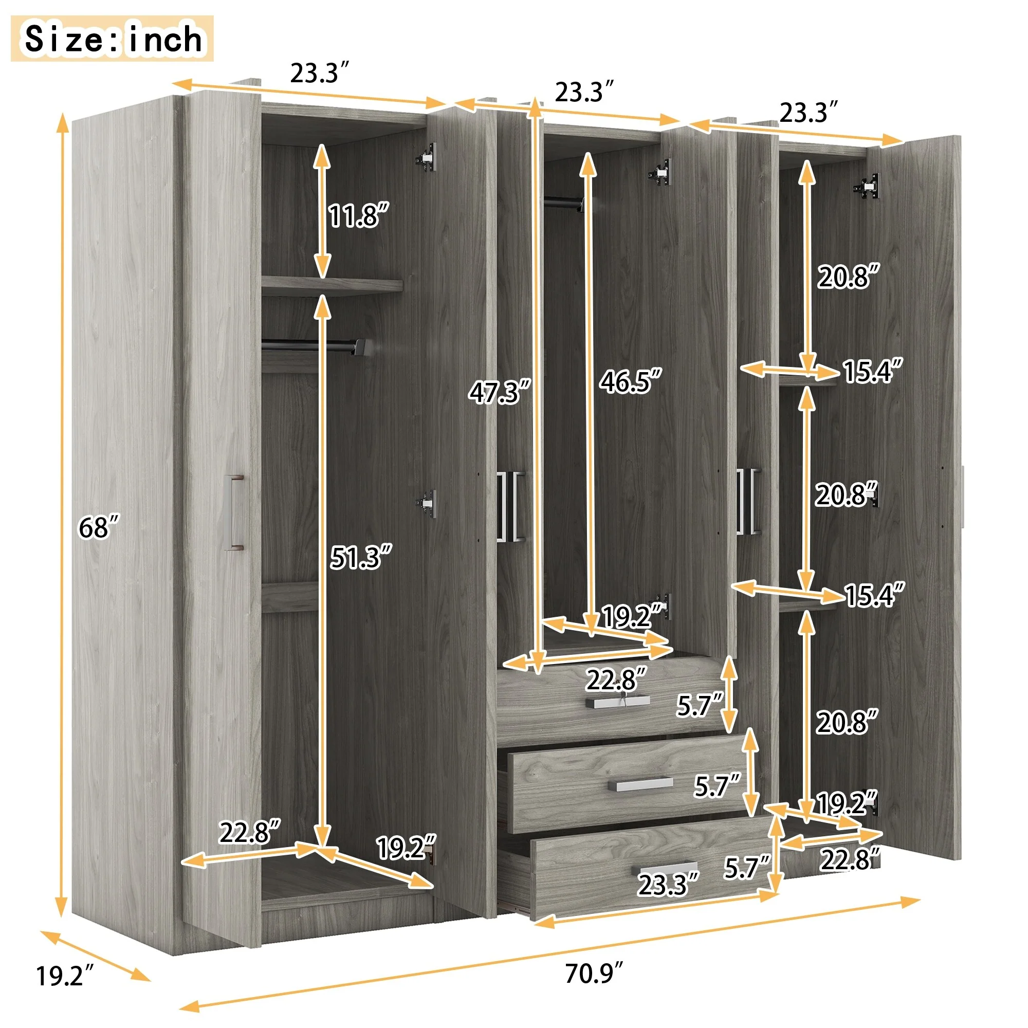 Rectangular 6-Doors Storage Armoires with Drawers and Hanging Rail