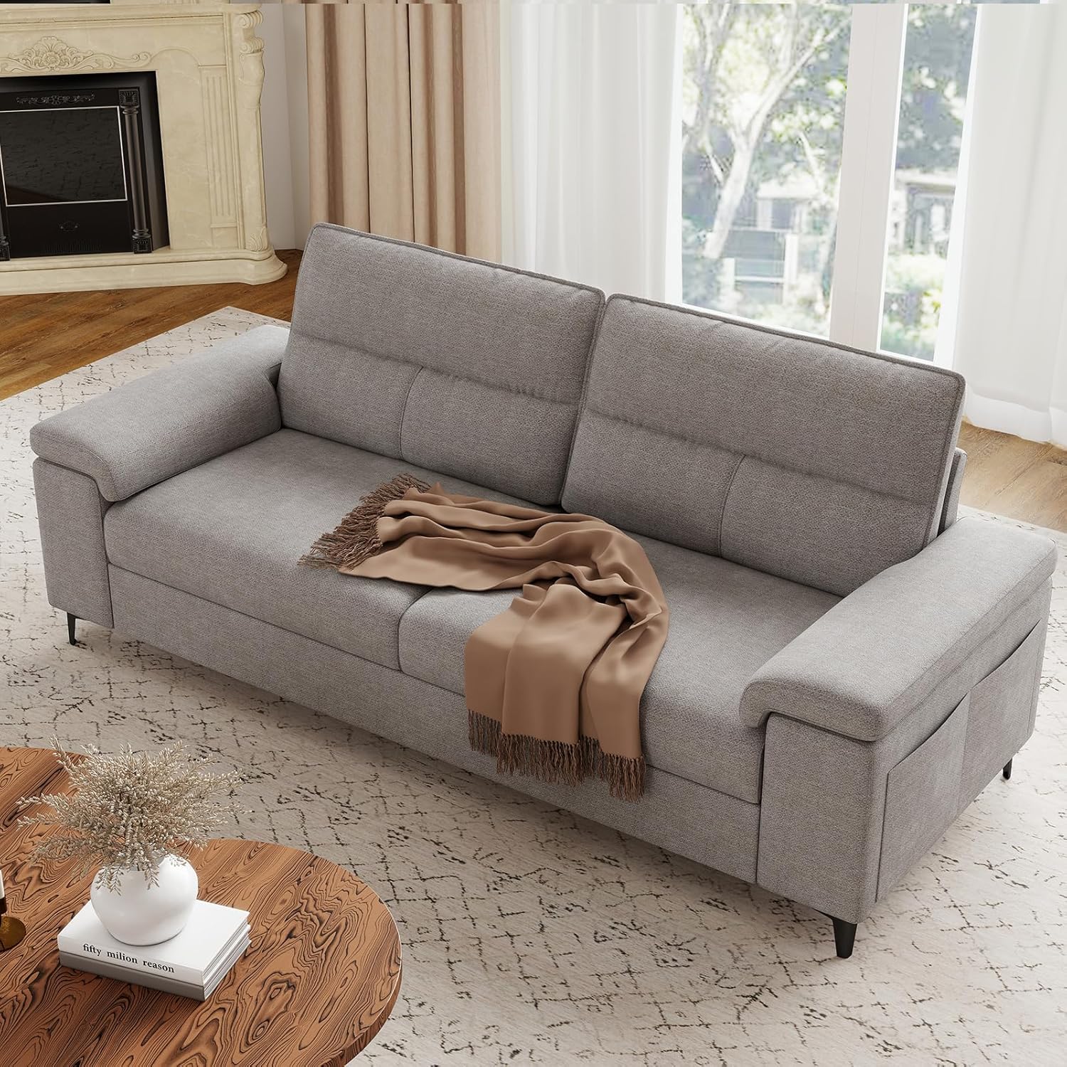 88.97 Modern Sofa Couches for Living Room, Deep Seat Sofas with 8”Cushion, Comfy 2-Seater Chenille Loveseat with Convertible Armrest, Removable Sofa Cover, High Leg(Light Gray)