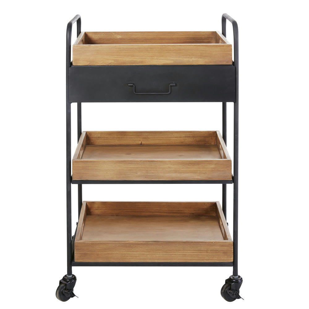 GEORGE - Chariot 1 tiroir en métal noir 3 plateaux en sapin à roulettes