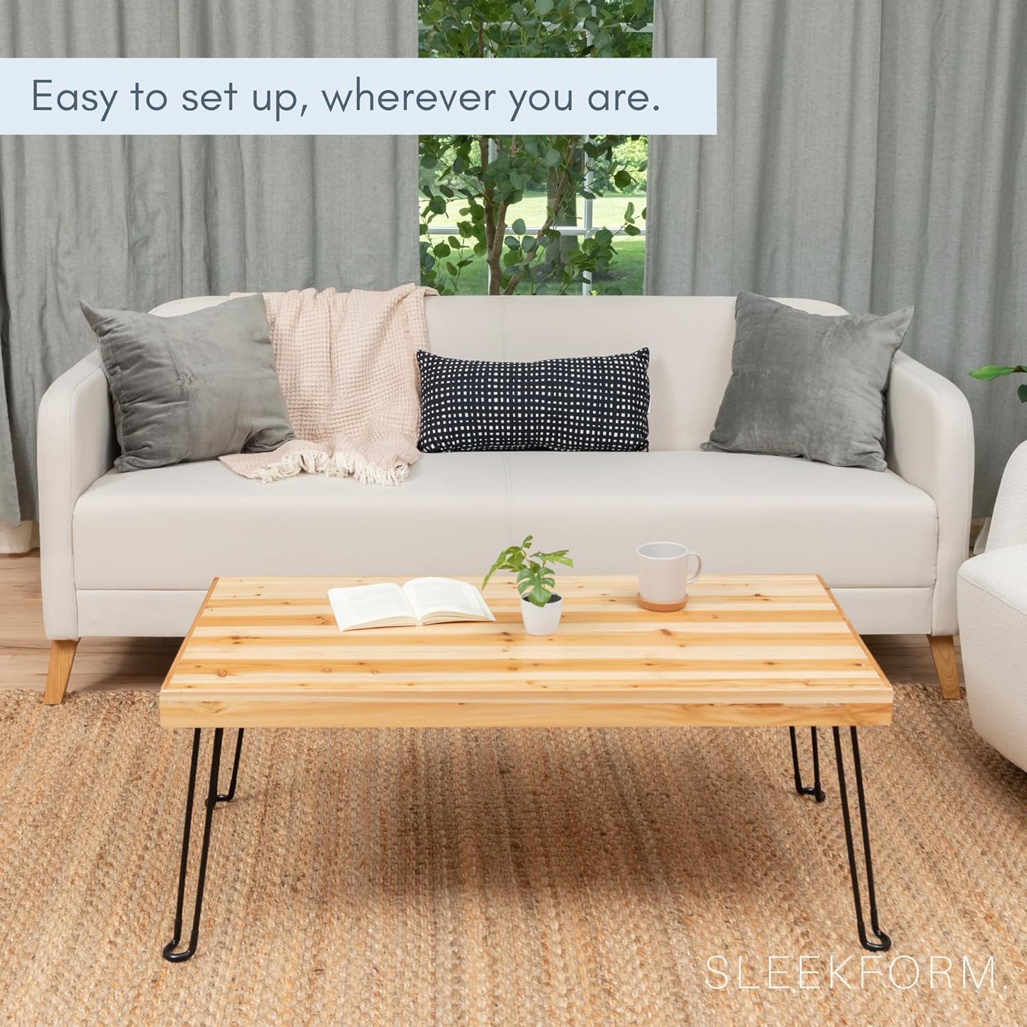 Sleekform Folding Wooden Coffee Table - Collapsible 20x40 Light Wood Mini Desk - Lightweight Foldable Coffee Table for Small Spaces - Fold Up Hairpin Legs - Birch Wood Finish