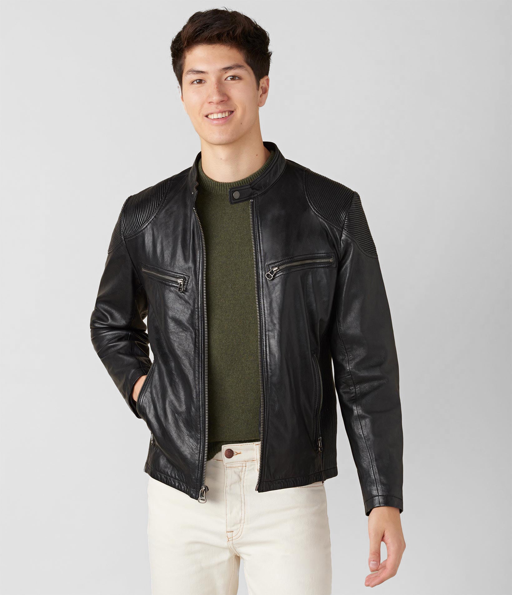 Drew Genuine Leather Jacket With Accordian Shoulder