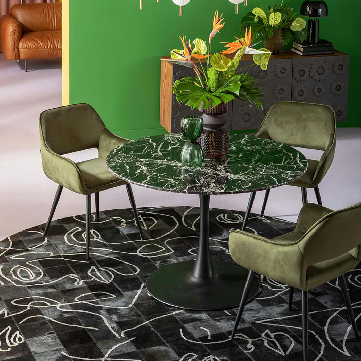 SAN FRANCISCO - Chaise avec accoudoirs en velours vert foncé et acier