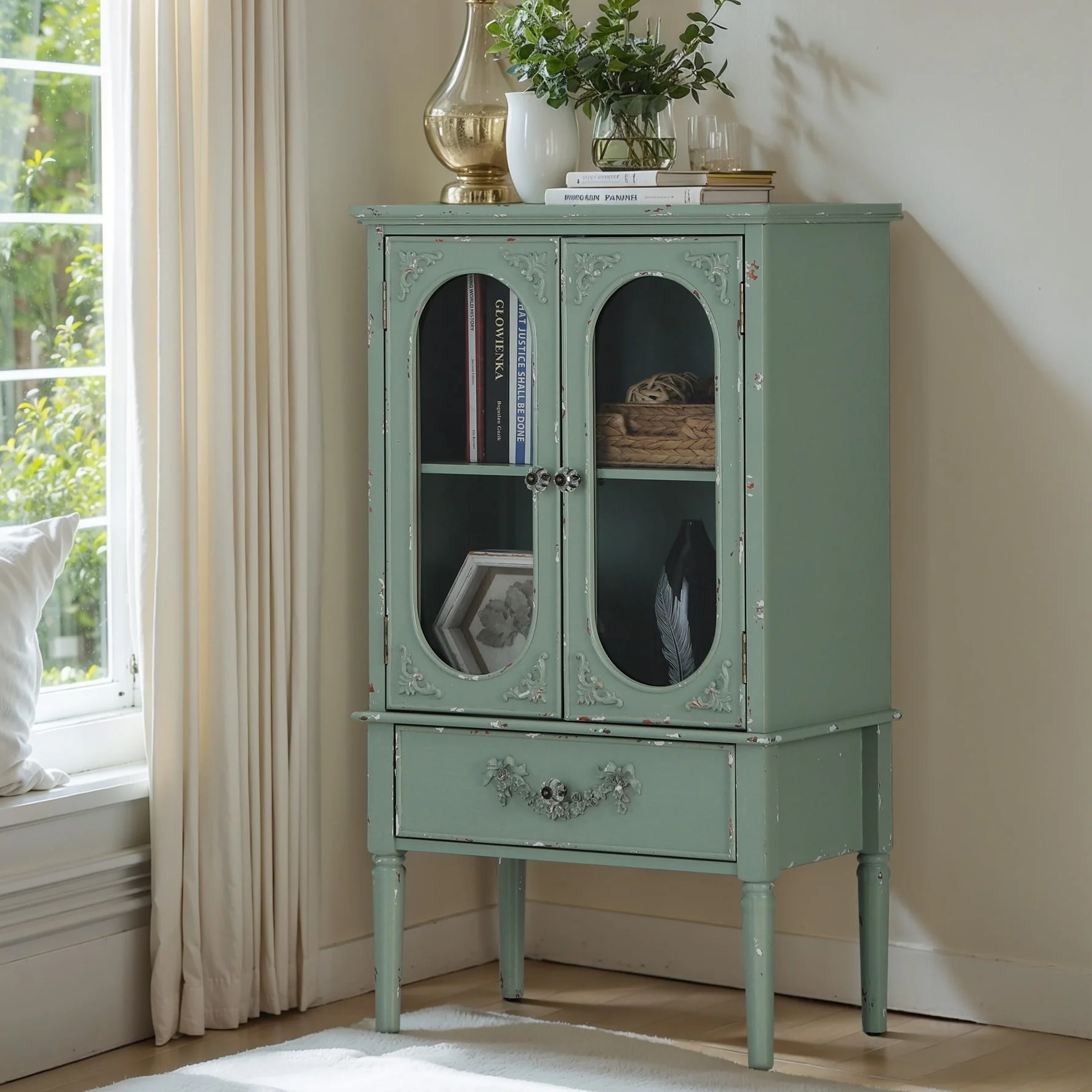 Mint Green Glass Door Display Distressed Cabinet