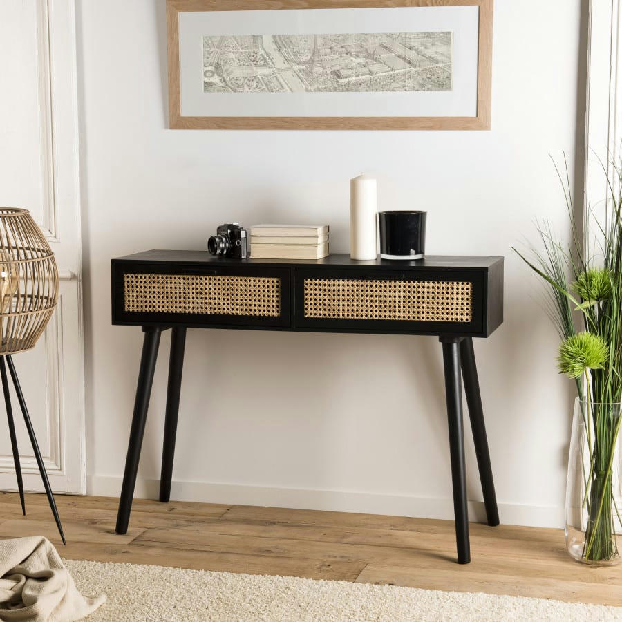 EMILIO - Console 2 tiroirs cannage noir
