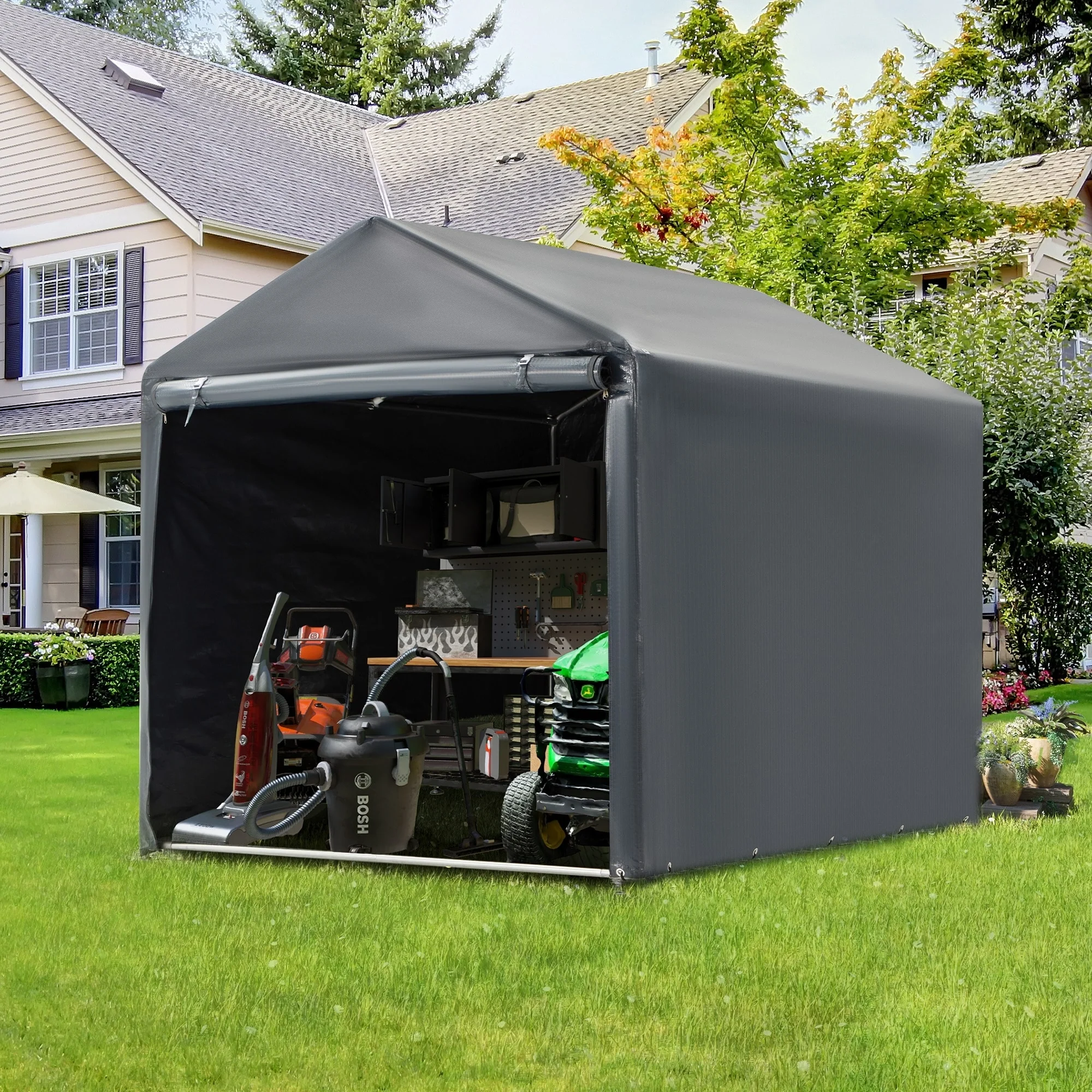 Outdoor Storage Shed and Carport Canopy: Portable Shelter for Bikes, Motorcycles, and Garden Storage