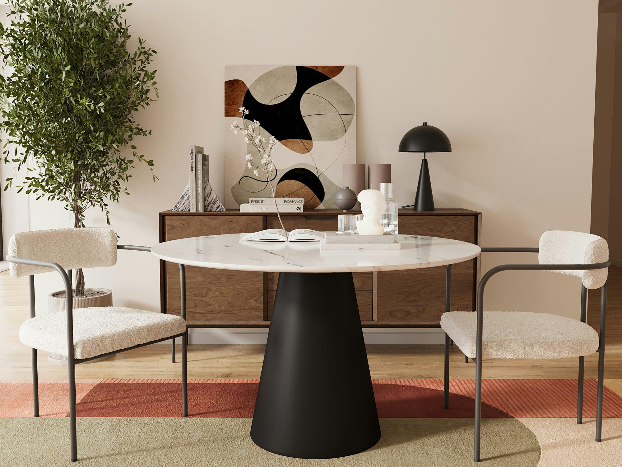 BARBARA - Chaise de salle à manger tapissée avec accoudoirs bouclette blanche