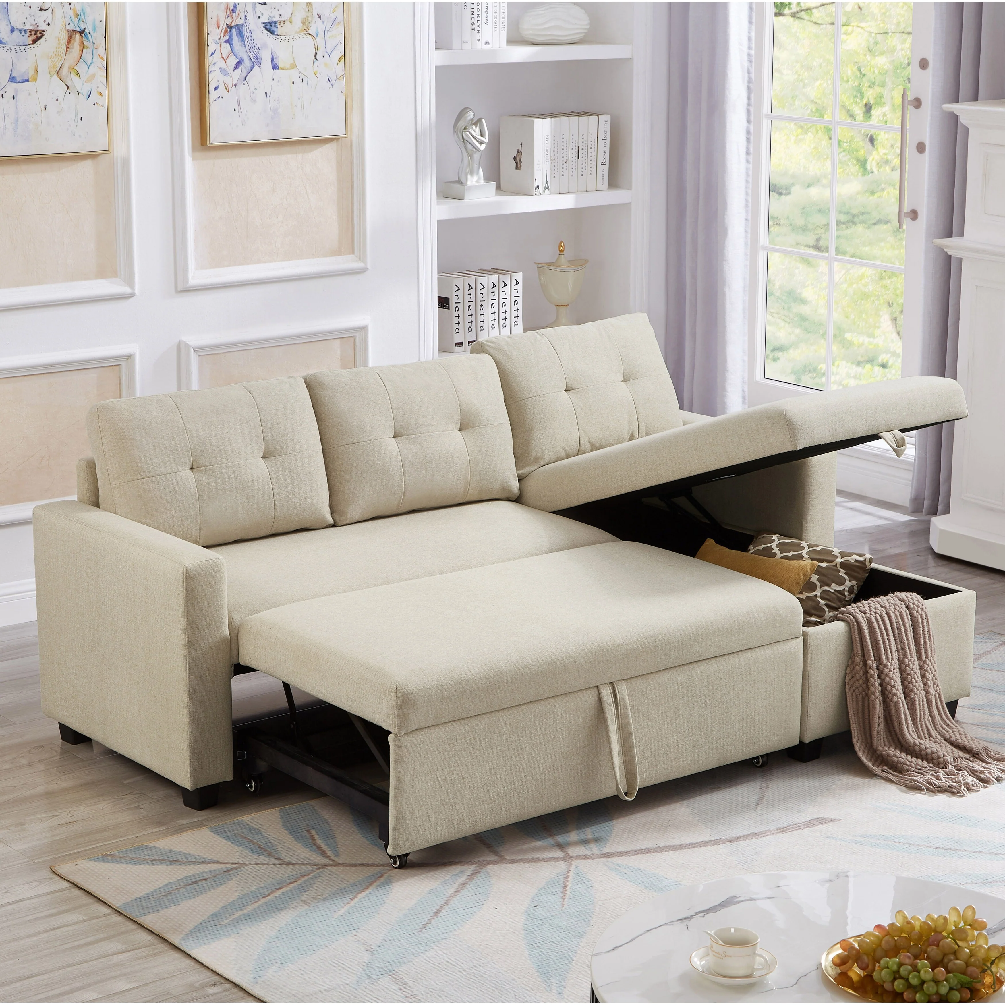 81.5'' Versatile Convertible 3 Seater Sectional Sofa with Storage Chaise, Pull-Out Bed and Reversible Loveseat