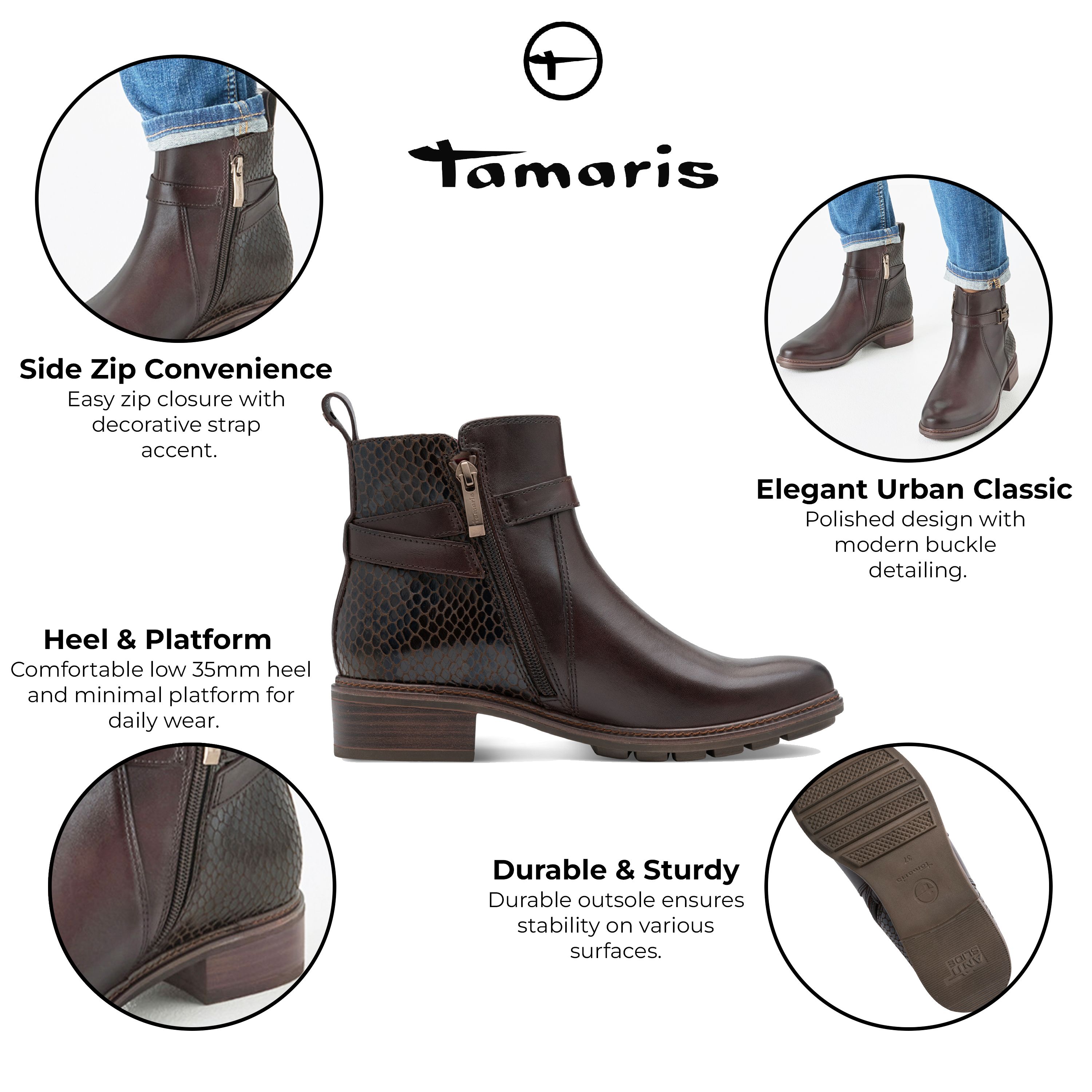 Infinity Leather Tamaris Leather Buckled Zip Biker Ankle Boots