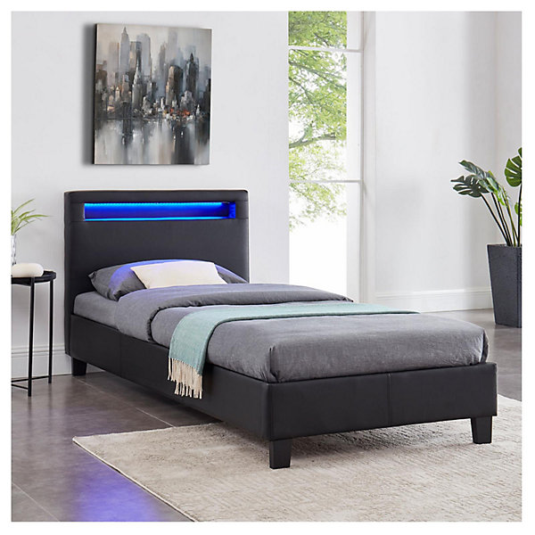 Lit LED simple LUCENO 90x190 cm, avec sommier, revêtement synthétique noir
