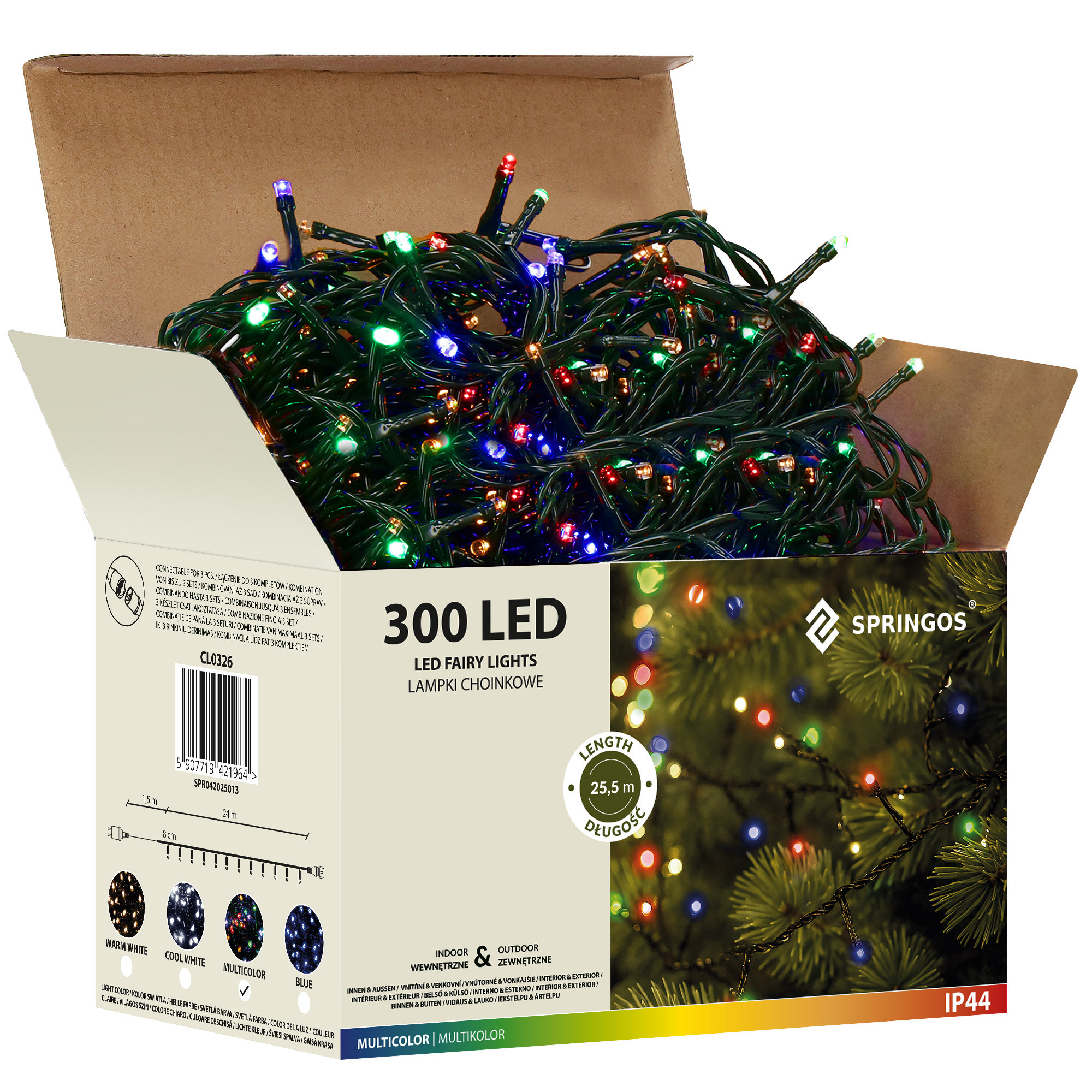 Lampki choinkowe 300 led multikolor 25,5 m oświetlenie IP44