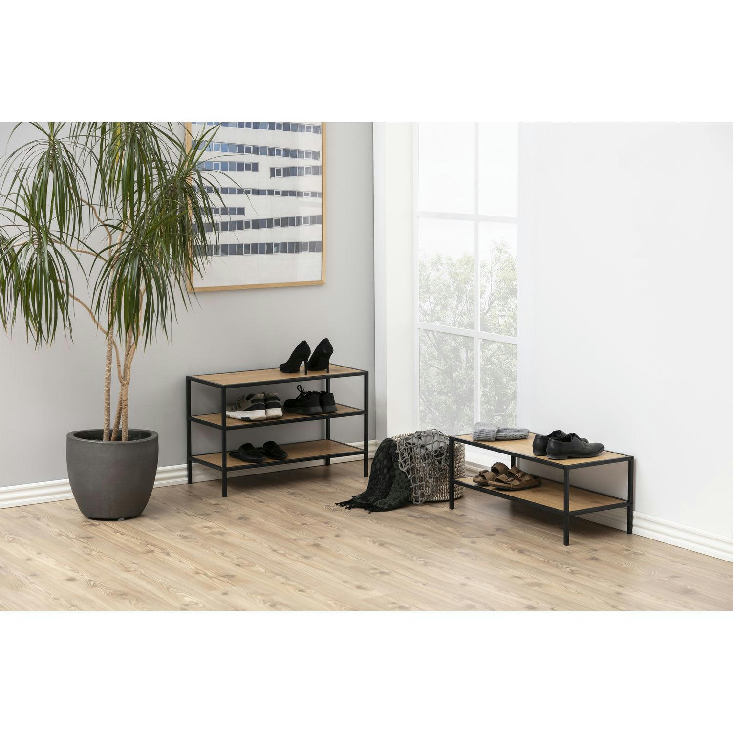 SIREINE - Meuble à chaussures ajouré 2 niveaux en mdf et métal beige