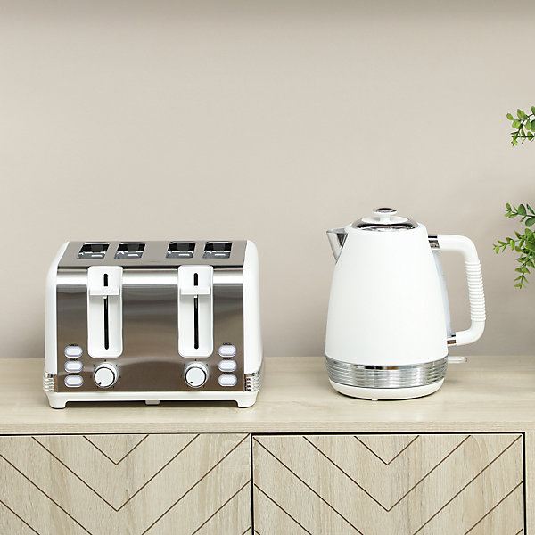 Ensemble bouilloire et grille-pain vintage - 1,7L 2200W - 4 tranches, brunissage 7 niv. - blanc acier inox