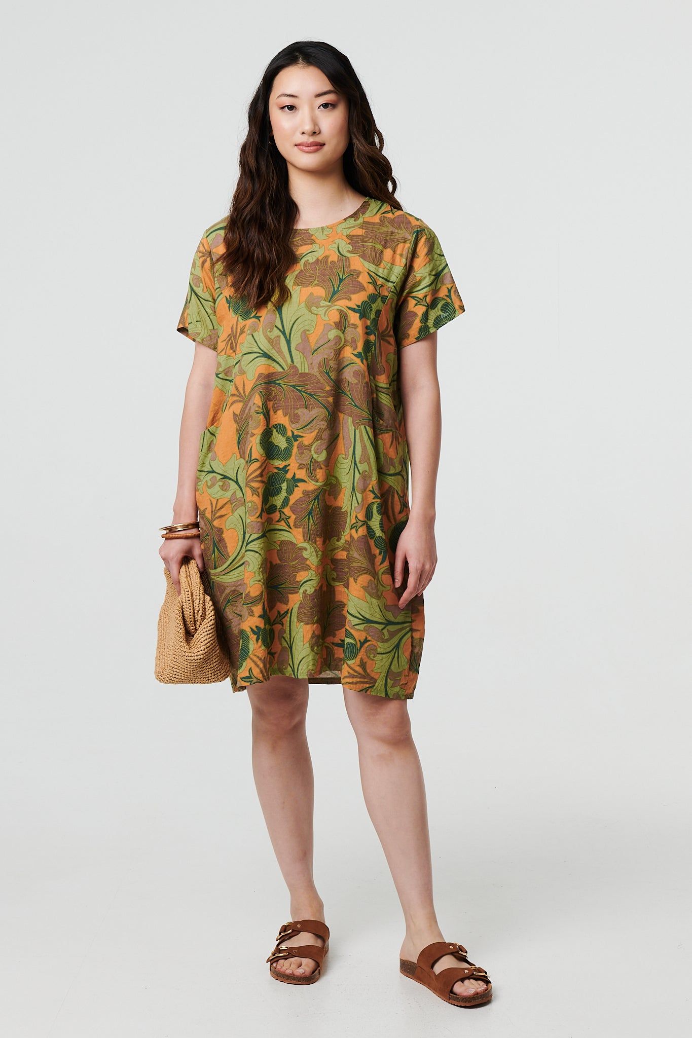 Izabel London Leaf Print Short Sleeve Shift Short Dress