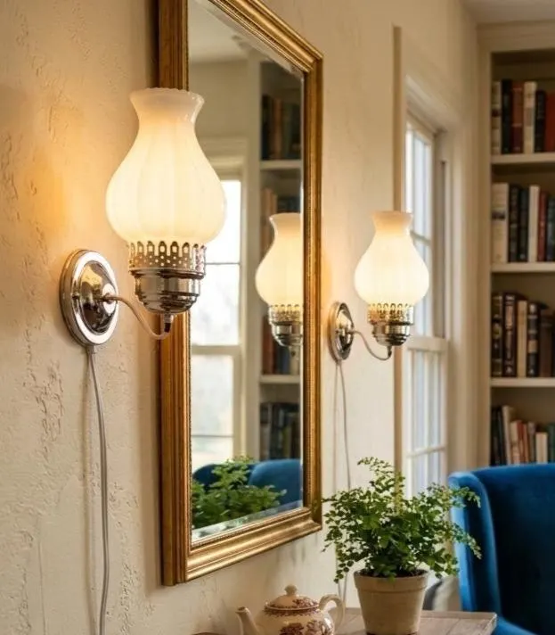 Vintage Milk Glass Hurricane Wall Sconces - Matching Pair, Mid Century Melon Ribbed Plug-In Sconce