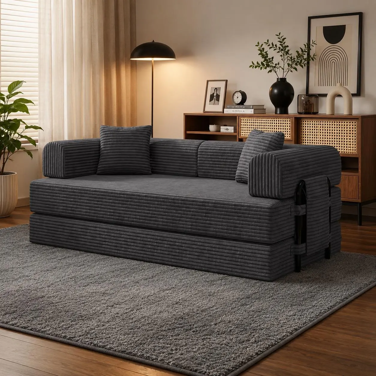 4-in-1 Convertible Sleeper Sofa Bed, Foldable Floor Couch, Corduroy Sectional Sofa, Guest Bed for Small Spaces, Modern Lounge Chair
