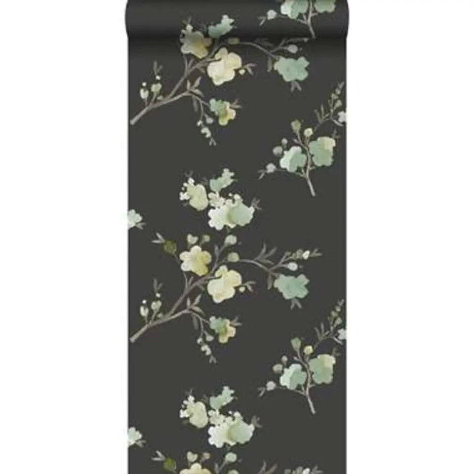 ESTAhome behang - kersenbloesems - groen, geel, zwart - 53cm x 10,05m