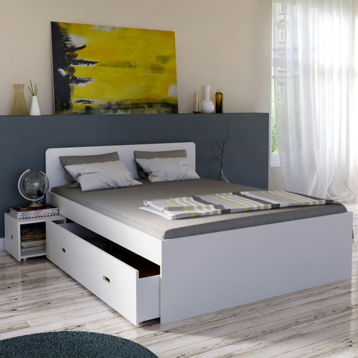 WILMA - Lit rangement avec chevet et tiroir blanc