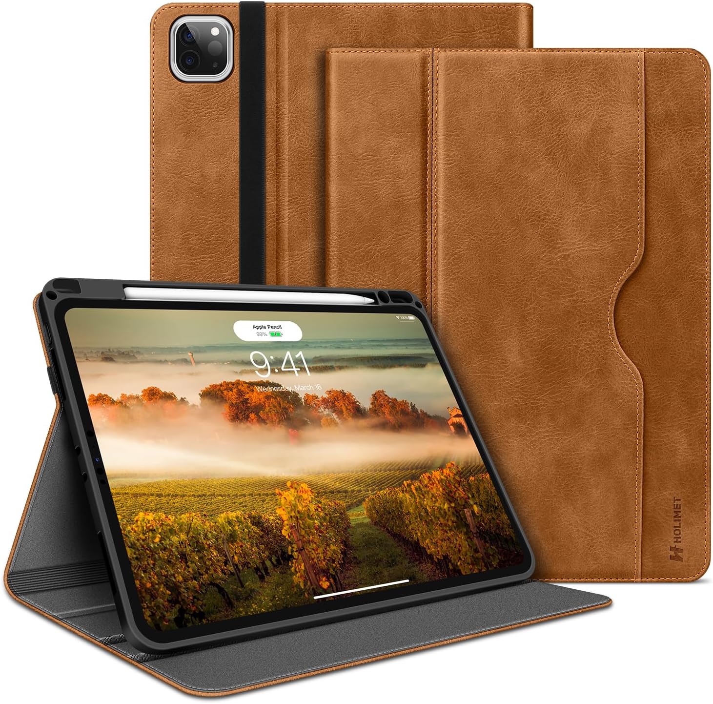 H HOLIMET Case for iPad Pro 11 inch M5 2025/M4 2024 with Pencil Holder Supports Pencil Pro and Pencil Auto Sleep/Wake Function Vegan Leather Smart Stand Cover (Brown)