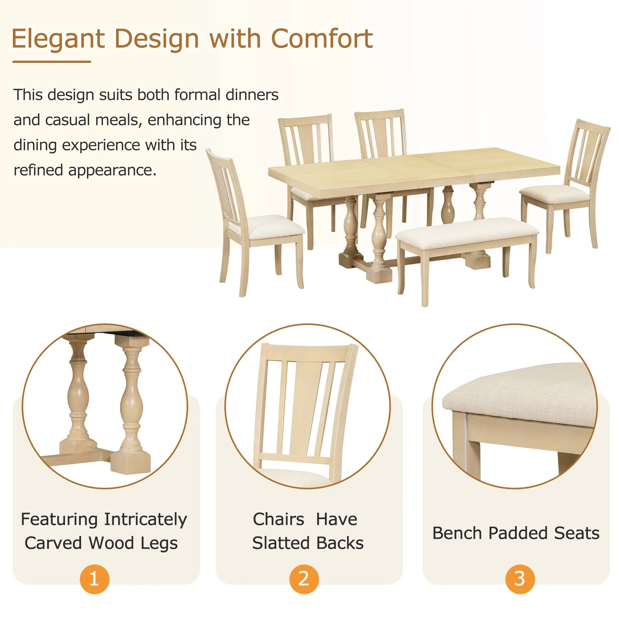 Traditional Style 6-Piece Extendable Dining Table Set with Removable Leaf, Padded Dining Chairs and Bench