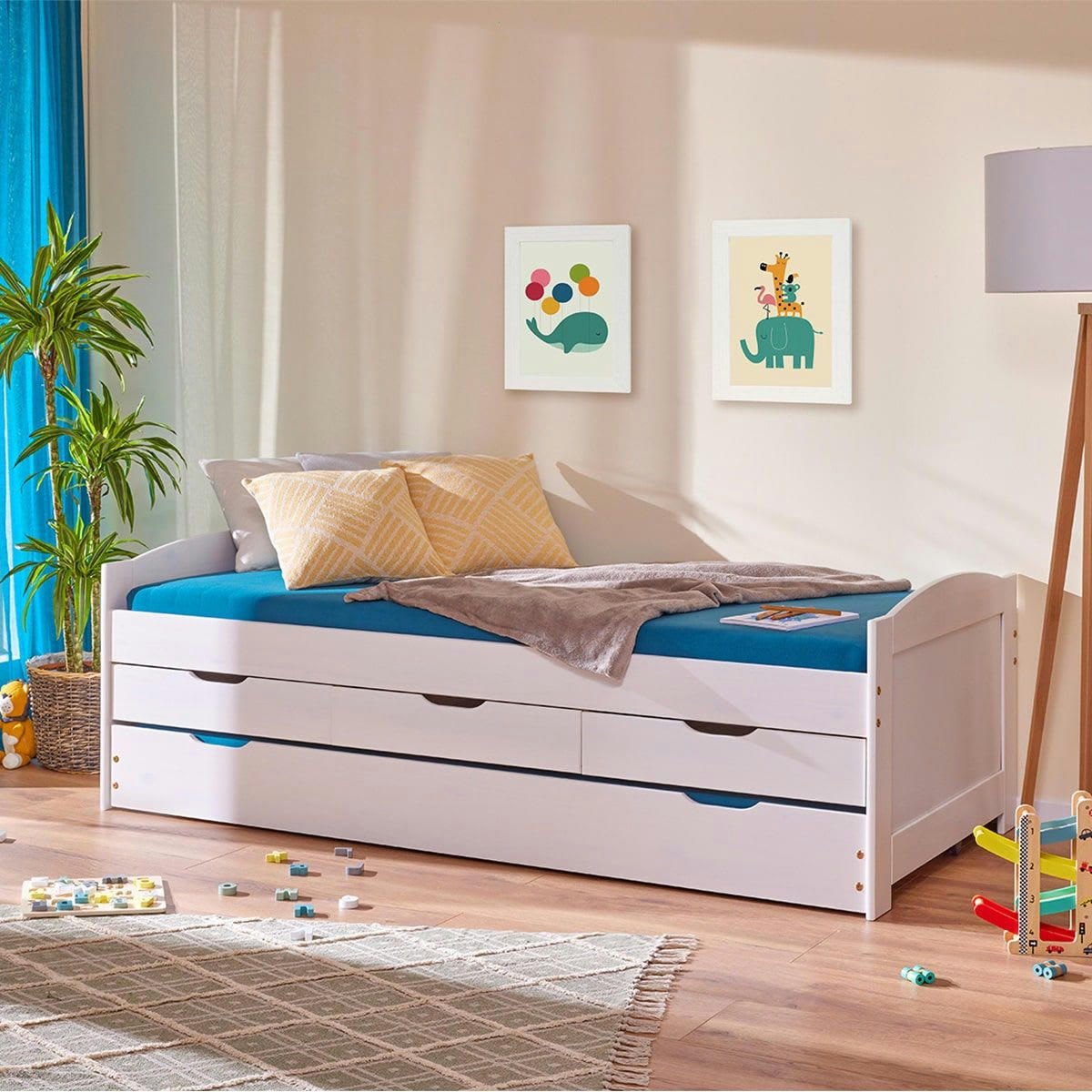 SYDNEY - Lit  gigogne 90x190cm + 3 tiroirs bois massif vernis blanc