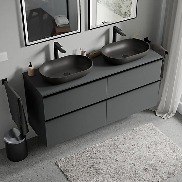 Meuble sous vasque suspendu MDF Anthracite mat, plan vasque Anthracite mat, poignée Chrome - 140x46x62cm - LAVOA