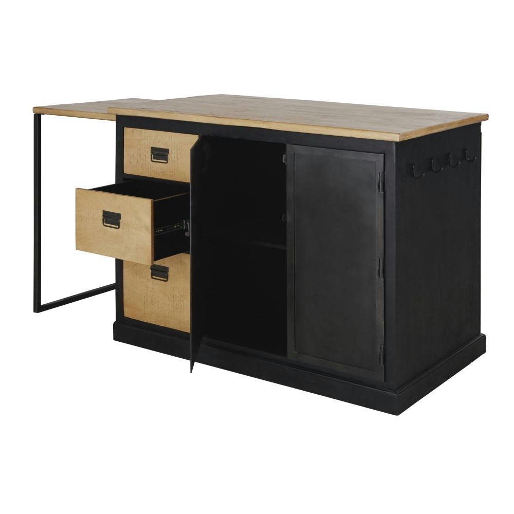 Kansas - Ilot central cuisine 3 portes 3 tiroirs en manguier massif avec table étirable