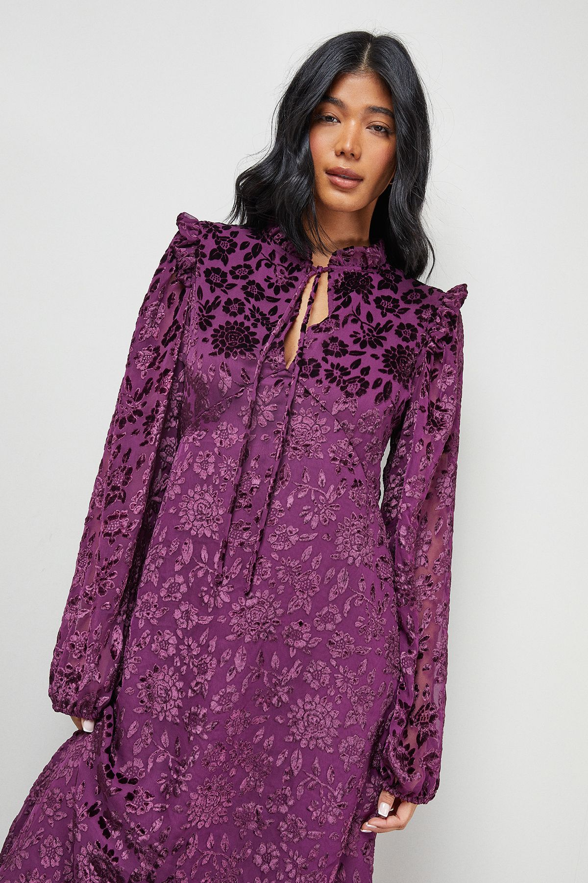 Warehouse Burnout Velvet Frill Shoulder Tie Front Midi Dress
