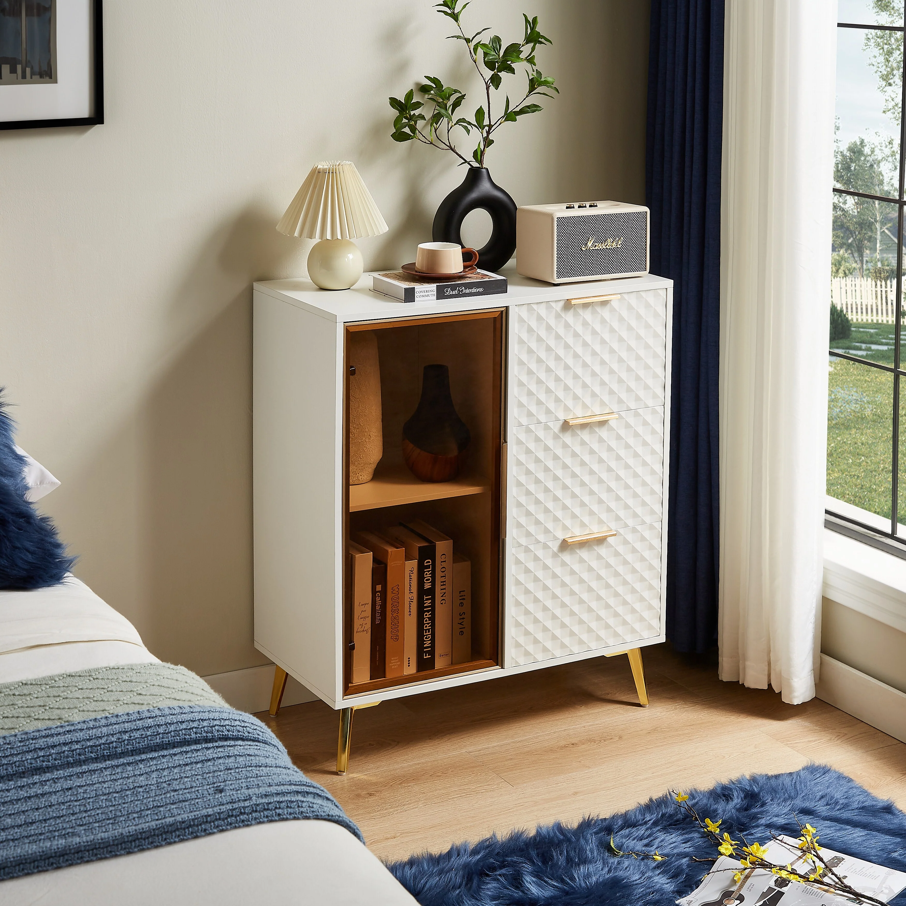 Modern Storage Cabinet withTempered Glass Door, Gold Legs ,3 Drawers and Display Shelf