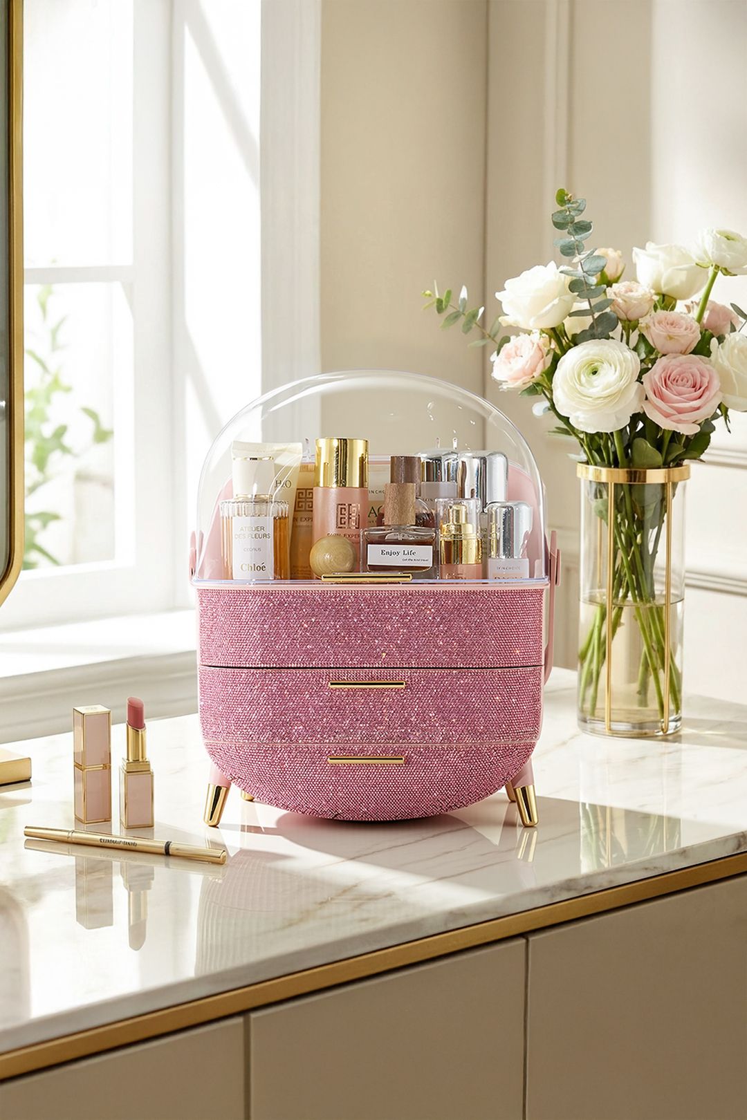 SHEONLY Countertop Portable Oval Makeup Storage Box with Transparent Cover