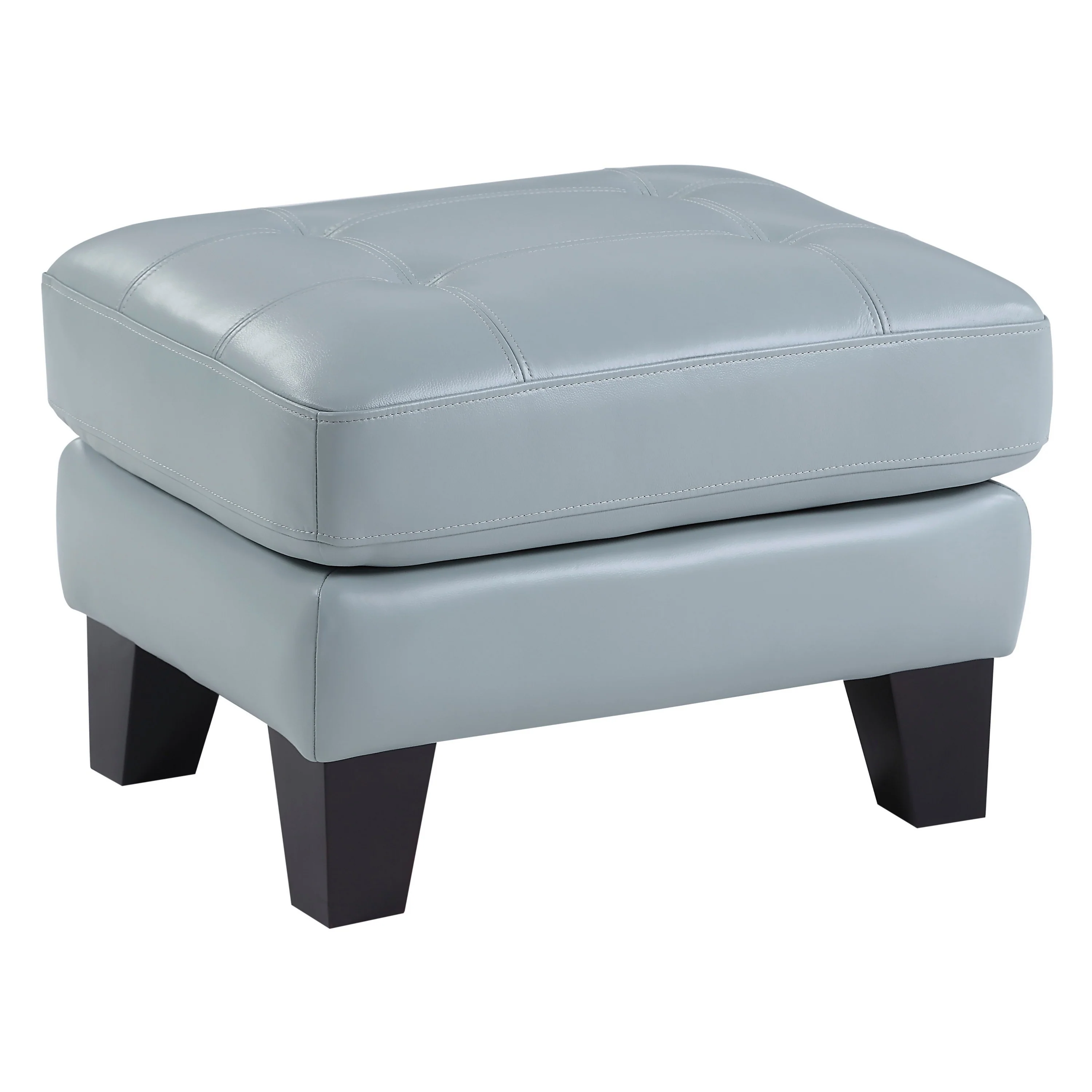 Sofy 27 Inch Ottoman, Aqua Blue Top Grain and Faux Leather, Solid Wood
