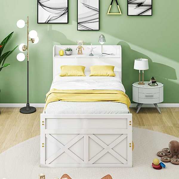 Lit simple 90x190 cm en pin massif avec sommier tiroir table de chevet étagères port USB blanc