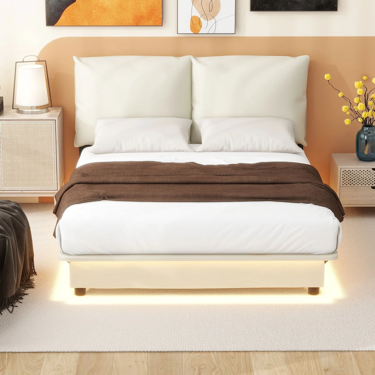 Roomfitters Full Size Upholstered Platform Bed with Sensor Light and Ergonomic Design Backrests