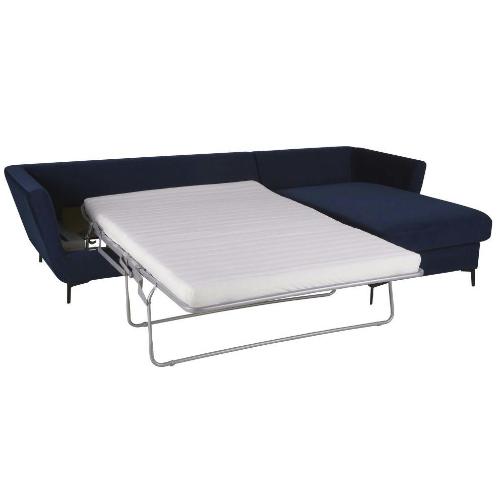 Prague - Canapé d'angle droit convertible 2/3 places en velours bleu nuit, matelas 10 cm