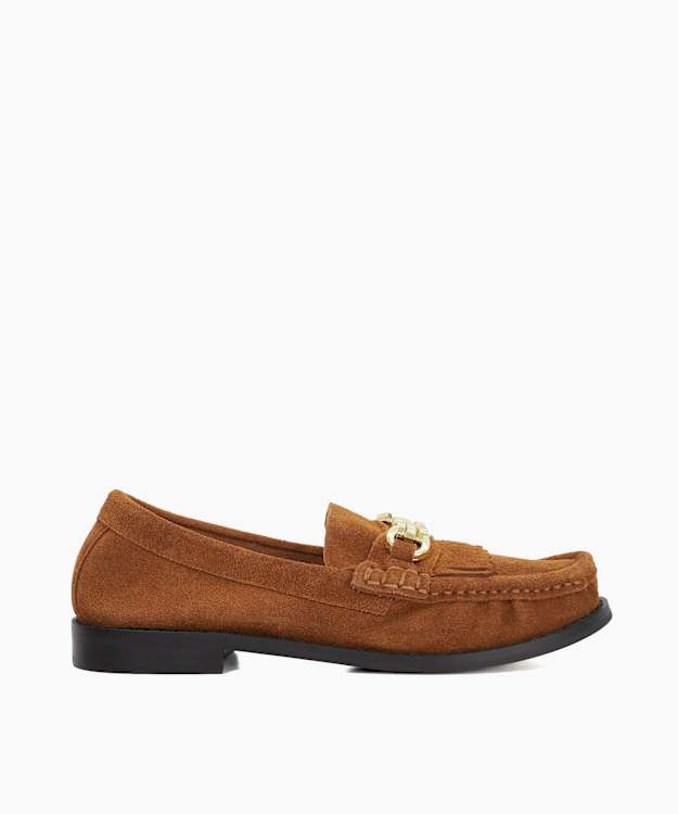 Granules Dark Tan - Suede Gold Chain Trim Fringed Loafer