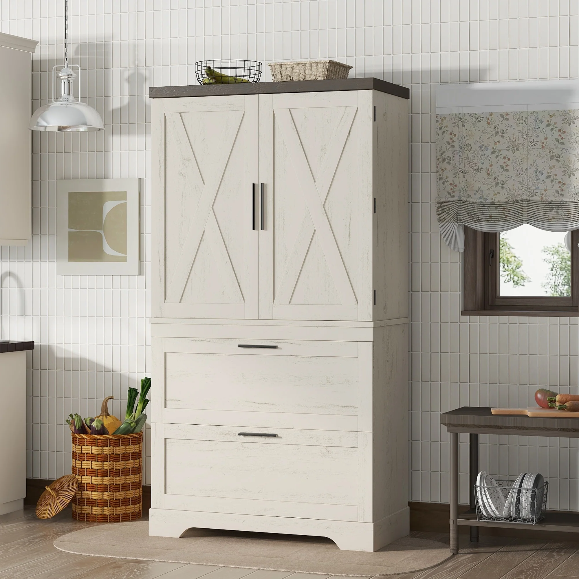 Modern Farmhouse Style Wooden Cabinet with Sturdy Frame with Inside Door Storage Divider with Drawers