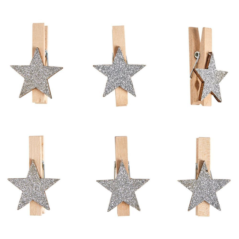 Pince en bois avec décor étoile x6