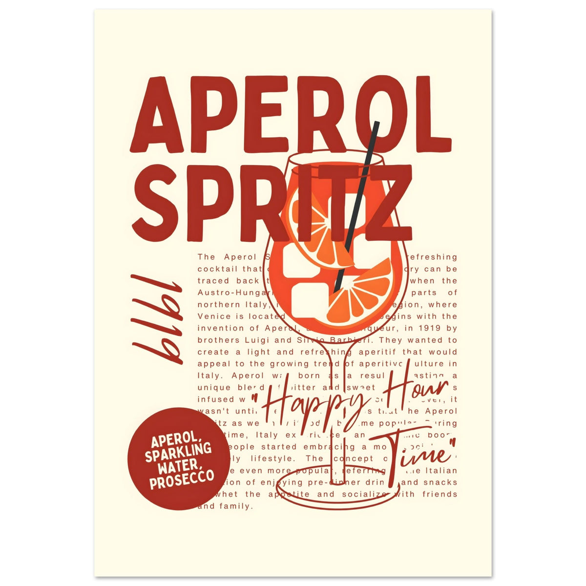 Artfulprints Poster Aperol Spritz - Happy hour  - 70x100 cm - Rood