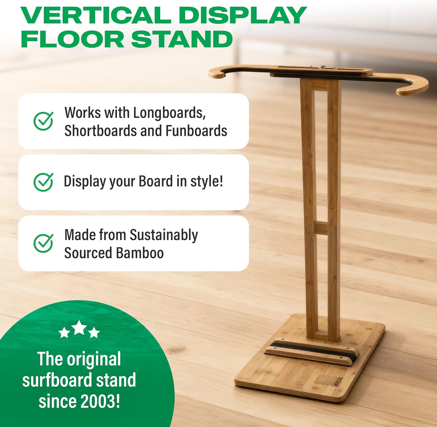 COR Surf Bamboo Surfboard Stand | Premium Standing Rack to Display Your Board