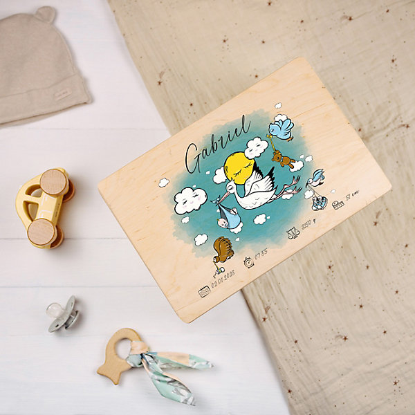 Creative Deco Boîte en Bois Personnalisée pour Naissance - Motif Cigogne Garçon - 30 x 20 x 14 cm - Cadeau Souvenir Bébé