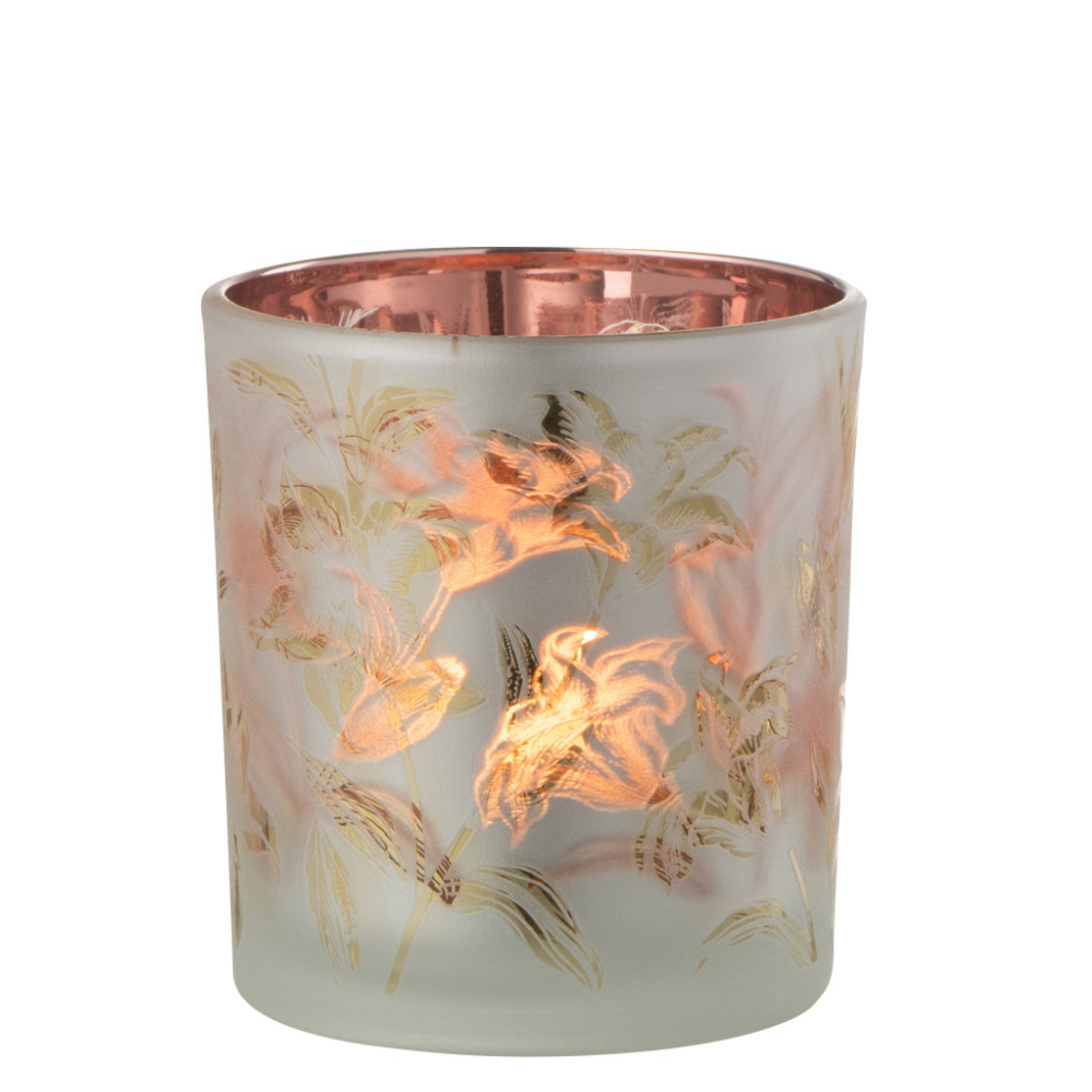 J-Line windlicht Bloemen - glas - wit/rood/goud - small
