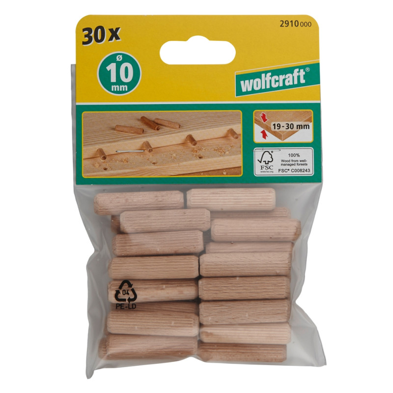 Tourillon en hêtre Ø 10 x 40 mm 30 pièces WOLFCRAFT