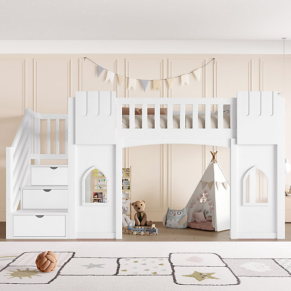 Lit Mezzanine 90x200 cm enfant/ado avec Rangement Intégré et échelle - avec Fenêtres MDF   Pin - Sans Matelas, Blanc