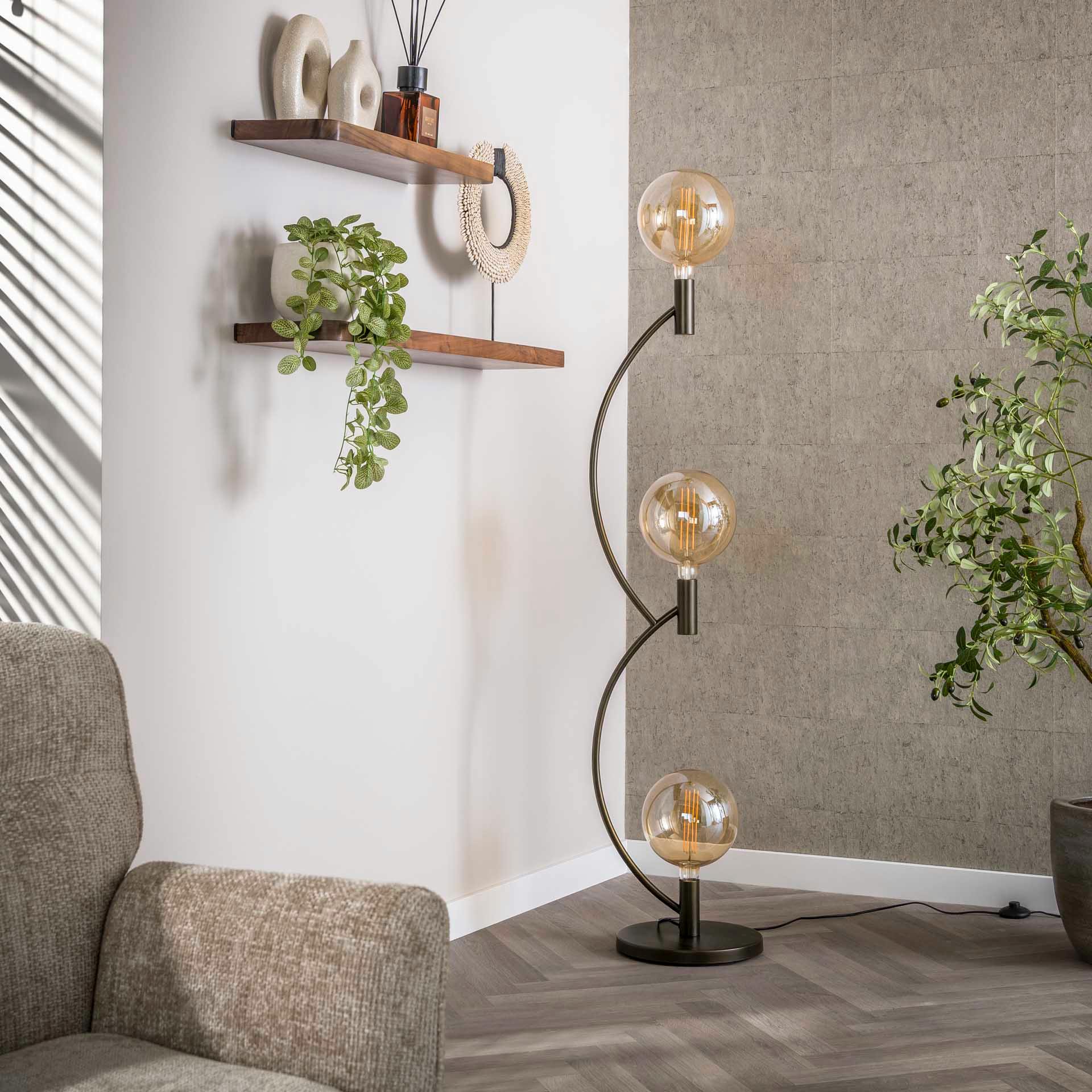 Lampadaire salon en métal courbe finition bronze 3 lampes RALF