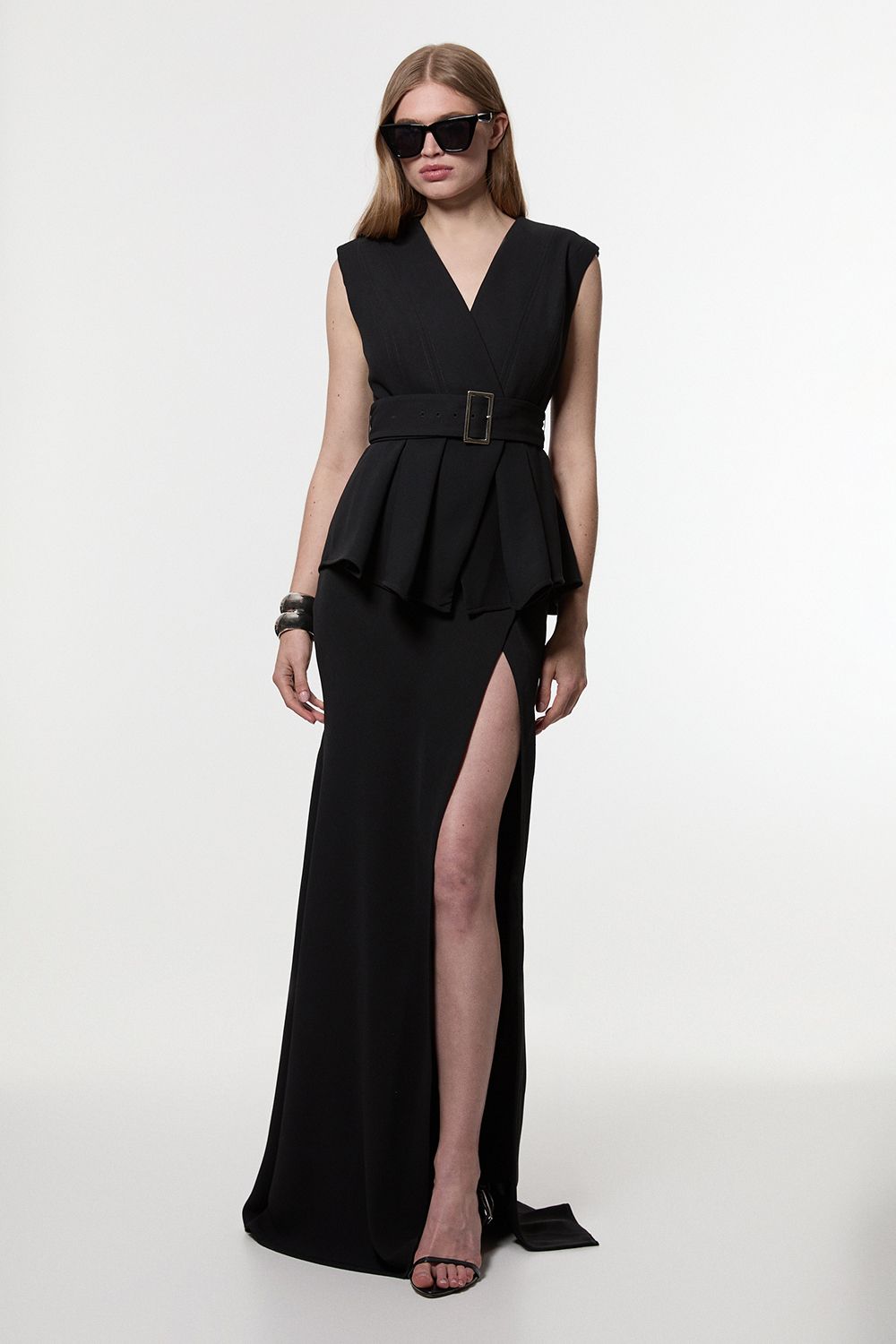KarenMillen Soft Tailored Belted Peplum Tailored Maxi Dress