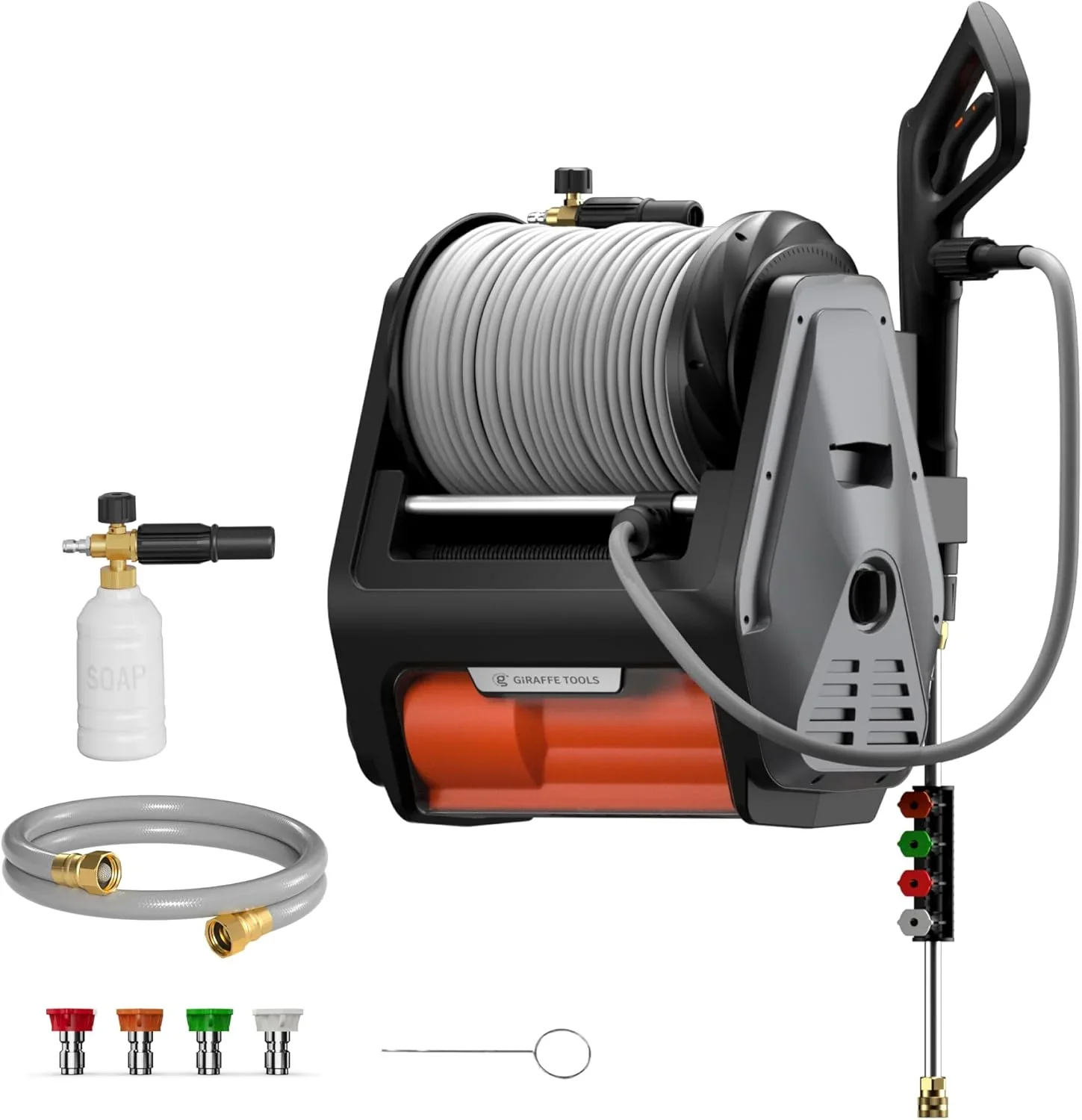 Pressure Washer Pro, Electric Wall Mount Power Washer with 100FT Retractable Pressure Hoses, 3300PSI, 1.6GPM, 4 Nozzles, Foam Cannon for Cars/Patios, Dark Silver(Pro 100ft Pressure Hoses)